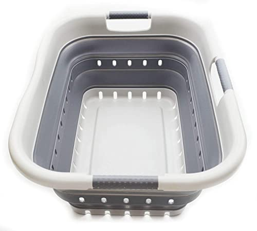 SAMMART 41L Collapsible 3 Handled Plastic Laundry Basket - Foldable Pop Up Storage Container/Organizer - Portable Basket - Space Saving Hamper/Basket (3 handled rectangular, Grey/Dark Grey)