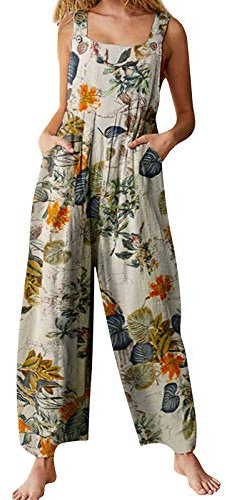 YILEEGOO Cotton Linen Dungarees for Women, Ladies Casual Overalls Baggy Wide Leg Pants Jumpsuit Playsuit (Yellow, Medium)