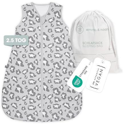 emma & noah Premium Baby Schlafsack, Flauschig Weich, Bequem & Atmungsaktiv, 100% natürliche Baumwolle, OEKO-TEX Zertifiziert Großzügige Bewegungsfreiheit, 2.5 TOG (Leo Grau, 60 cm)