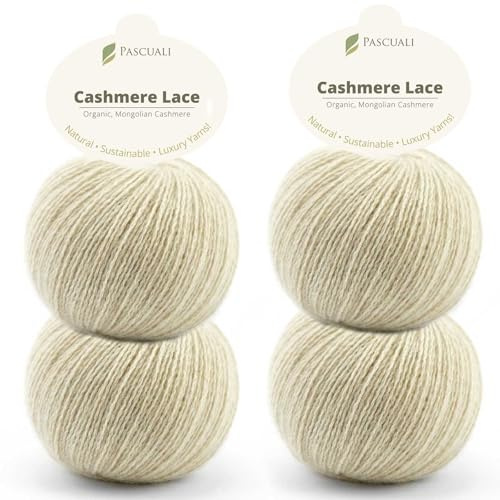 PASCUALI | Bio Cashmere Lace. Strickwolle aus 100% Kaschmirwolle Wolle zum Stricken und Häkeln, SET: 4 Knäuel - 100g - Farbe: Creme 20
