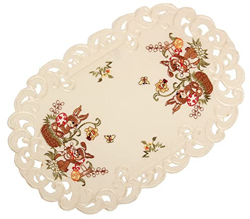 Quinnyshop Ostern Tischläufer Häschen Ostereier Stickerei Ecru Creme Leinen Optik ca. 30 x 45 cm Oval