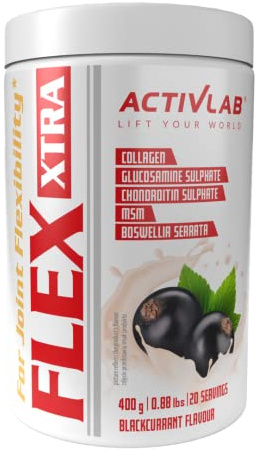 Activlab Kollagen Pulver - Hydrolysiert Typ I mit Glucosamin, MSM, Hyaluronsäure, Vitamin C und D - 400 g - 20 Portionen - Flex Xtra - schwarze Johannisbeere