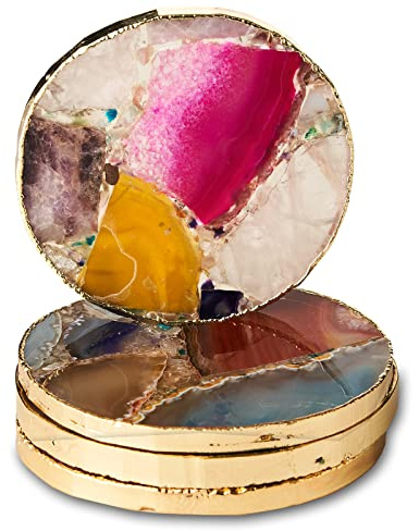 Rainbow Agate Coasters Set of 4, Natural Crystal Coaster for Drinks, Geode Gemstone with Gold Edge, Agate Slice Stone Coaster for Coffee Table, Wooden Table, Home Decor