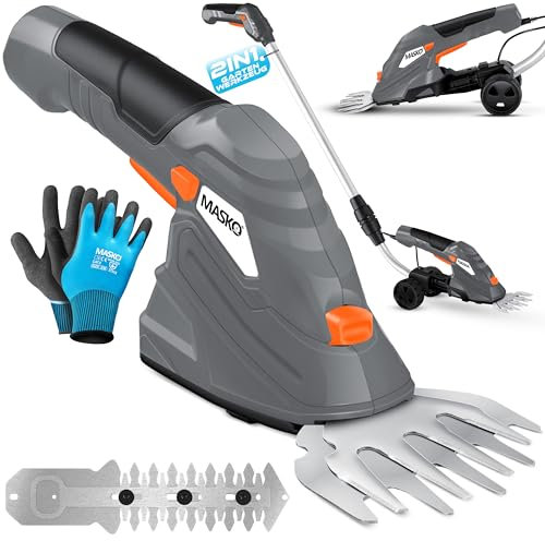 MASKO® Grasschere Strauchschere Set mit Akku 7,2V 2000mA/h elektrische Garten Heckenschere Rasenschere Inkl. Ladegerät, Handschuhe Grasmesser, Strauchmesser & stiel Teleskopstange 90-130cm mit Rädern