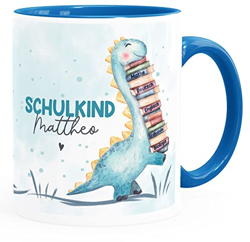 SpecialMe® Tasse Schulkind Dino Geschenk Einschulung personalisiert mit Namen Kindertasse aus Keramik für Jungen Mädchen Weiss-innen-blau standard