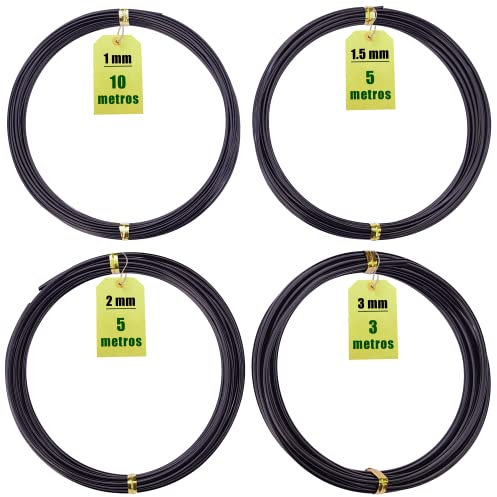 Robin's Garden 4 Rollos Alambre Bonsai - Alambre Aluminio Anodizado - 4 Grosores Distintos - 1mm, 1.5mm, 2mm y 3mm - Alambres para Dar Forma al Bonsai (4 Tamaños - Color Negro)