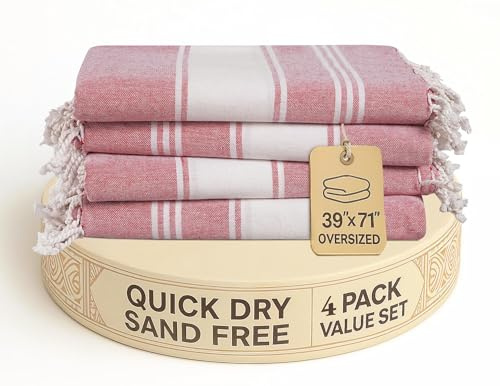 LANE LINEN Oversized Beach Towels – Set of 4, 39x71 Turkish Cotton Rich & Quick Dry Pool Towels, Lightweight & Pre-Washed Travel Beach Towels, Cashmere Rose
