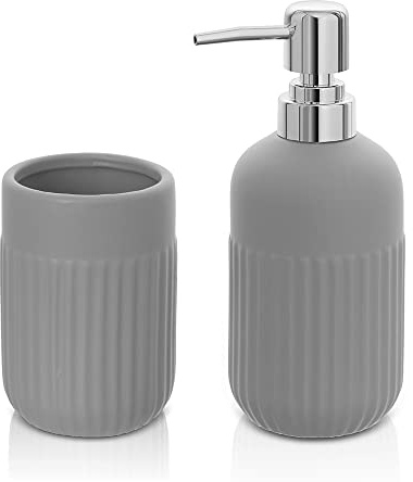 Inbagno Set Accessori Bagno da appoggio 2 Pezzi, Dispenser Sapone e Bicchiere portaspazzolini, in Ceramica Colore Grigio, Linea Cup