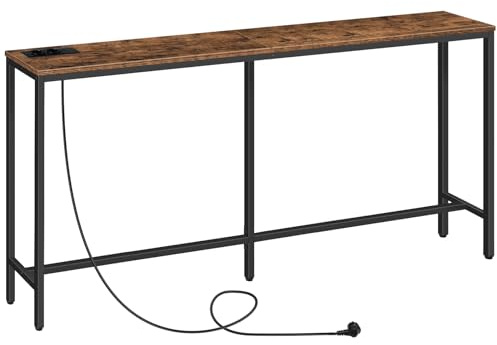 MAHANCRIS Tavolino Console da Ingresso, Tavolino da Divano Lungo 160 cm, Tavolino in Stile Industriale con Prese USB, per Ingresso, Corridoio, Entrata, Soggiorno, Marrone Vintage e Nero ACTHR16UE01
