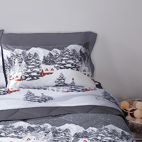 Happidea - Lenzuola Completo Letto, Calda Flanella 100% Cotone, Paesaggio Neve,Piazza e Mezza, Invernale, Morbido, Felpato, Made in Italy,Lenzuolo Sopra, Sotto, Federe