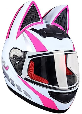 Kcolic Motorradhelm Für Mädchen Und Damen, Katzenohren-Helm, ECE-Zertifizierter Integral-Motorradhelm, Vier-Jahreszeiten-Helme Mit Sonnenblende Für Straßenradrennen, Motocross B,XL=60-62CM