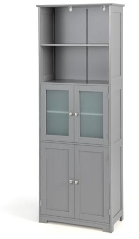 LIFEZEAL Hochschrank, freistehender Bodenschrank mit 2 Türen, Schrank mit verstellbaren Regalen, Organizer mit Türen aus gehärtetem Glas, für Badezimmer, Küche, Wohnzimmer (Grau)