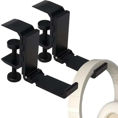 Realand 2Pcs Foldable Headphone Stand Hanger Holder, Under Desk Aluminum Headset Stand Hook with Cable Clip, Clamp Desk Hook for Purse Bag Backpack, Universal Fit