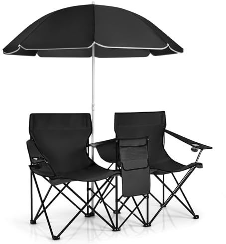 SPOTRAVEL Double Camping Chair, Folding Loveseat Chairs with Umbrella, Ice Bag, Cup Holders & Carry Bag, Outdoor Portable Leisure Lover Chairs Set for Beach Picnic Travel Fishing (Black)