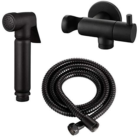 Design WC/Bidet Handbrause Komplettset mit Absperrventil aud Massiv Messing - Rund in Schwarz Matt mit Handbrause und Halterung, nur für Kaltwasser