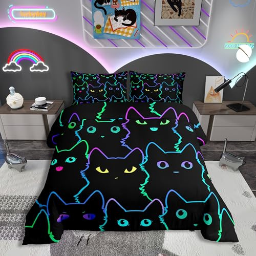 Neon Schwarze Katze Bettwäsche Set 135x200 für Mädchen Jungen,Bunte Lustige Katze Bettbezug Kawaii Zimmer Dekor,Cartoon Katzen Tröster Abdeckung für Katzenliebhaber,Gradient Line Bett Set Reversible