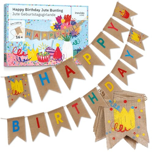Happy Birthday Girlande Geburtstag aus Stoff : 4m Wimpelkette aus Jute für Bunte Geburtstagsdeko – Geburtstagsgirlande Erwachsene und Kinder – Party Deko von Inovida