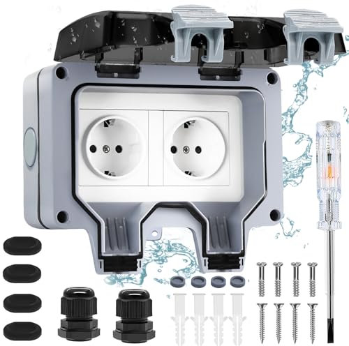 Lunriwis Aussensteckdose Wasserdicht Aufputz IP66 Gartensteckdose, Außensteckdose Wasserdicht 2 Fach, Wandsteckdose mit Klappdeckel zum Schutz der Kontakte, für Feuchträume, Gärten, Außenbereiche
