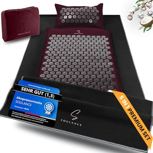 SOULANCE Akupressurmatte gegen Rückenschmerzen, Akkupressmatte,Massagematte | 5 in 1 Set, Akupunktur Matte,Kokosfaserfüllung,Massagematte,Akupressurmatte Set mit Kissen,Ganzkörper,Fakirmatte,Stachelmatte