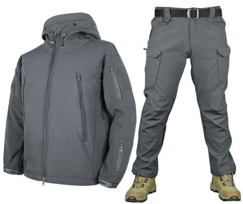 WENNEWU Grau,M, Taktisches Jacken- Und Hosen Set Für Herren, Armee-Kampfuniform-Kleidung Anzug, wasserdichte Camouflage-Militär-Softshell-Anzüge, Leichte Angel- Und Jagdjacke