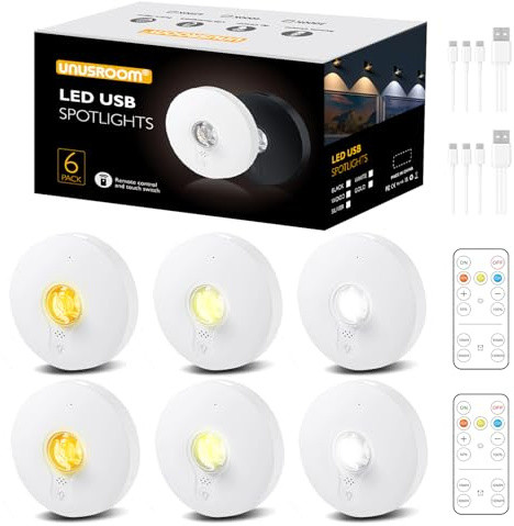 Led Vitrinenbeleuchtung kabellos,USB Aufladbar LED Spots Akku mit Fernbedienung,Küchenunterbauleuchte Nachtlicht mit Bewegungsmelder,Dimmbar Indirekte Beleuchtung mit Timer Schrank (6, 3Color-white)
