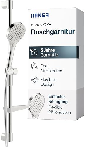 HANSA VIVA Duschgarnitur | Duschkopf mit Schlauch & Duschstange I Brausestange 77 cm | Duschbrause mit drei Strahlarten | Mit Duschkopfhalterung & Seifenschale I Duschset ohne Armatur | Chrom