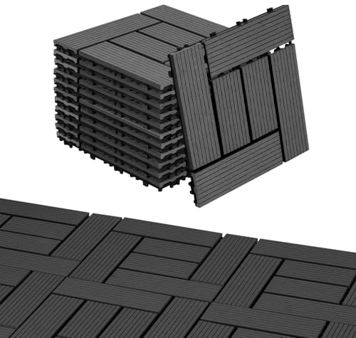 Eulenke WPC Terrassenfliesen 11 Stück, 30x30 cm Terrassendielen für Balkon Boden, KlickTerrassenfliesen, BalkonTerrassenfliesen in Holzoptik, Bodenbelag Wetterfest für Terrasse, für 1 m², Dunkelgrau