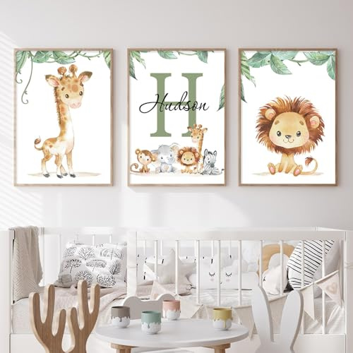 3 poster Tiere Bohrer Kinderzimmer Baby 30x40cm personalisiert Präom Kinder Giraffe Löwe Dschungel Leinwand Savanne Safari Schlafzimmer Geschenk für Jungen