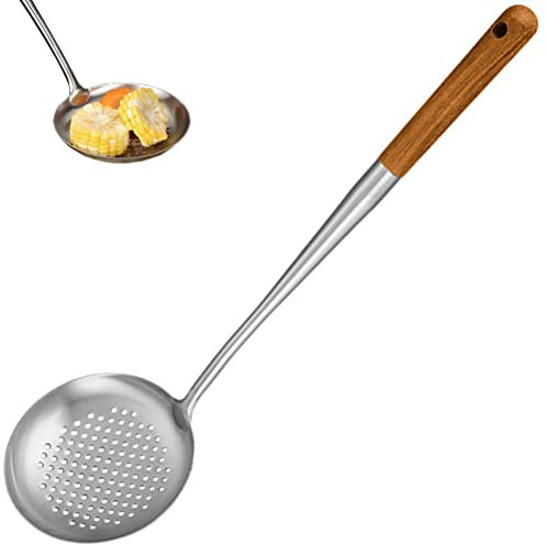 Fopytu Cuchara Ranurada Multifuncional para Espumadera, Espátula De Acero Inoxidable con De Madera, Cuchara Larga para Sopa, Espátula para Wok, Cucharón, Utensilios De Cocina, 1 Ud.