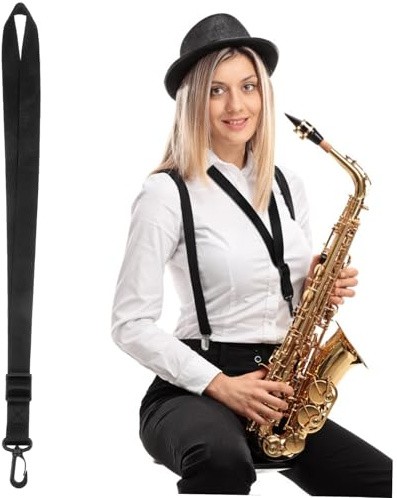 Saxophon Gurt für Hals, Verstellbar, Robust, Rutschfest, Schwarz | Webband und Kunststoff, Geeignet für Klarinette und Saxophon, Vielseitig Nutzbar, 1 Stück