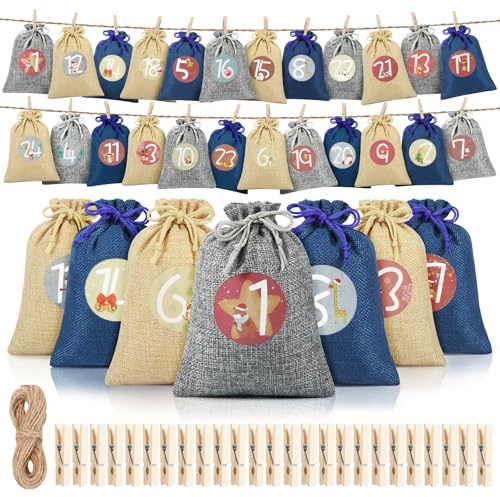 Adventskalender zum Befüllen Groß,24 Stück Adventskalender Säckchen mit Zahlen mit Zahlen, Adventstüten Weihnachtskalender zum Selber Befüllen für Kinder & Erwachsene, DIY Weihnachtskalender(Blaue)