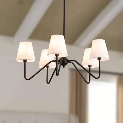 HTsilphelene Kronleuchter Schwarz,pendelleuchte mit lampenschirm 5 Flammig | Hängeleuchte Für Wohnzimmer Schlafzimmer Flur Esszimmer,E14 HöHenverstellbareMit WeißEm Stoff Schatten
