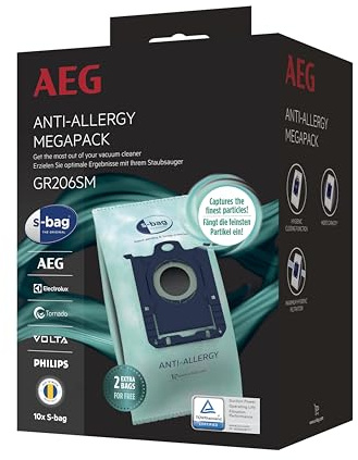 AEG GR206SM S-Bag Staubbeutel Anti-Allergy MegaPack, 8+2 Synthetik Staubsaugerbeutel für Dauerhaft Hohe Saugleistung, reduziert Pollen, Milben & Allergene, Für Allergiker, Beutelsauger