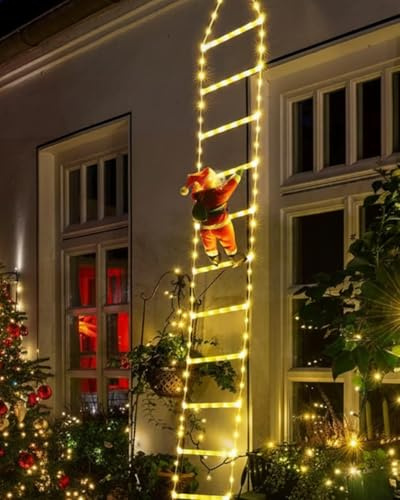 EcoNour Christmas Ladder Lights with Santa Claus - 200 LED Lights, 8 Light Modes, Timer Memory Function, Mains Powered, Indoor Outdoor Garden Tree Christmas Decorations (Warm White)