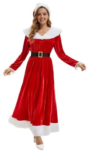 XIEHYA Julkostym, juldräkt för kvinnor: Mamma sammetsklänning med bälte och pappahatt, perfekt för festlig cosplay (XL)