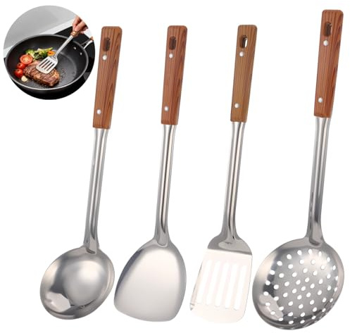 4 Pcs Kitchen Utensil Set, Stainless Steel Cooking Utensils with Faux Wood Handle, Include Wok Spatula, Slotted Turner, Skimmer Ladle & Soup Ladle, Dishwasher Safe, Essential Kitchen Gadgets