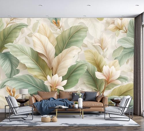 Carta Da Parati Panoramica Stile Retrò Foglie Di Banano, 250x175cm Murali Panoramica Piante Tropicali, Verde Chiaro Poster Gigante Design Cameretta Carta per TV Soggiorno Ristorante Decorazione