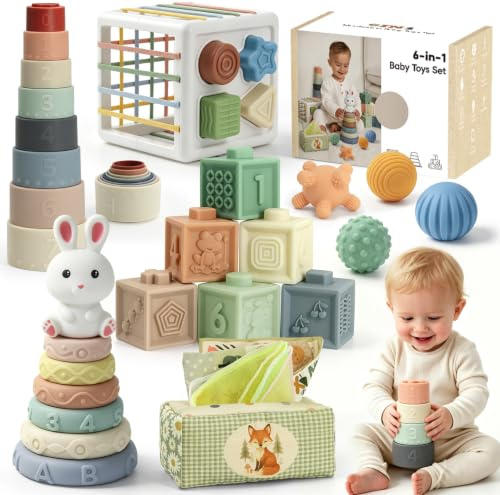 Anook Montessori Spielzeug Baby ab 6 Monate, Baby Spielzeug 6 8 9 10 Monate | Babyspielzeug ab 6 Monate mit Bausteine,Stapelbecher,Tücherbox Baby,Formsortierwürfel,Stapelturm,Geschenk für 6-12 Monate