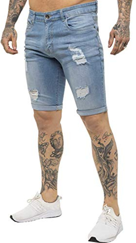 Enzo EZS383 Jeans Mens Denim Shorts Skinny Fit Distressed Stonewash Ripped Half Pants Light Blue 32