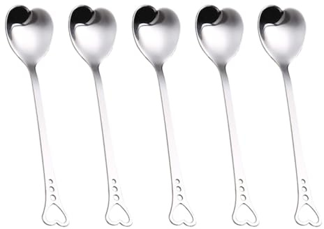 BESTonZON Set da 5 Cucchiai per Dessert in Acciaio Inossidabile a Forma di Cuore, Resistenti alla Ruggine e Flessibili, per Momenti Dessert o Ufficio | Resistenti alla Ruggine, Non Si Piegano Facilmente, per Catering e Home Dining