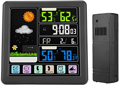 VBESTLIFE Wireless Weather Station, TS-3310 Color LCD Full Touch Screen Indoor Outdoor Thermometer Hygrometer Weather Forecast Station with Alarm Clock (black)