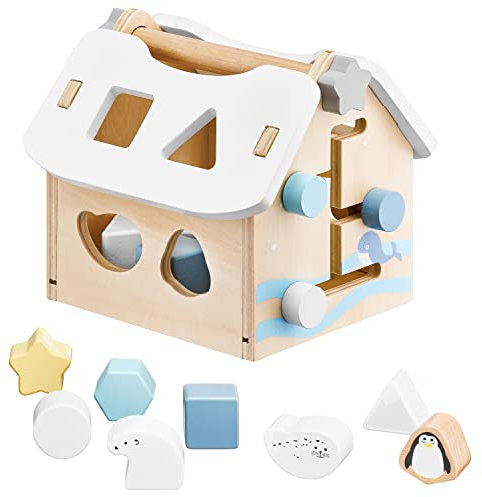 mamabrum Cube d'Éveil en Bois - Maison Trieuse de Formes avec 8 Blocs Géométriques, Tableau Sensoriel - Jouet Éducatif Premier Âge 18x17x19cm - Peinture Non Toxique