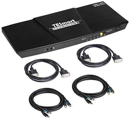 TESmart Dual Monitor 2x2 HDMI+VGA KVM Switch 4K@60Hz 4:4:4 Ultra HD 2 PC 2 Monitor with Extra USB 2.0 Port&L/R Audio Output includes 2 pcs of 1.5 m KVM Cables-Matte Black