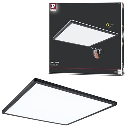 Paulmann 71016 LED Panel Atria Shine 3-Step-Dim eckig, Dimmbar Tageslichtweiß Lichtpanel Kunststoff Deckenpanel 4000 K, Schwarz, Incl. 1x22 W, 420 x 420 mm