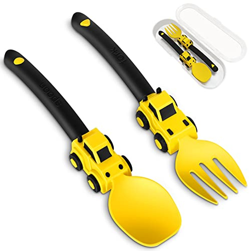 Deinyi Construction Toddler Utensils - Toddler Forks and Spoons - Kids Construction Toys Utensils - Forks and Spoons Silverware Set - Easter Birthday Gift for 1 2 3 4 5 year old, Yellow