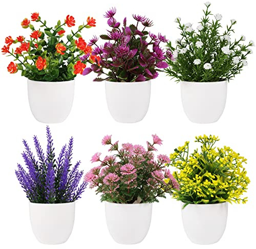 Yoratee Artificial Small Plant 6pcs Fake Flower Potted Plant Bathroom Faux Plant for Indoor Decor Window Tabletop Office Colorful Flower