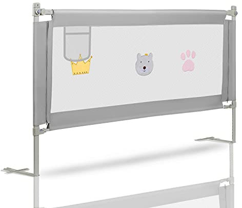 Herrselsam 200 cm Kinder bettgitter, Bettschutzgitter Höhenverstellbar, Rausfallschutz Bett für Kinder, Kinderbettgitter mit luftiges Netz, für Familienbett und Kinderbett, Grau