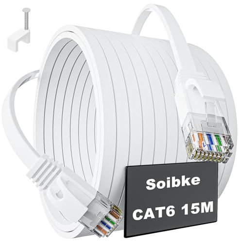 Soibke LAN Kabel 15 Meter Cat 6, Flach Netzwerkkabel 15m Ethernet Kabel Weiß, High Speed Internetkabel Dünn Wlan Kabel Gigabit Verlängerung RJ45 Patchkabel für Router Modem