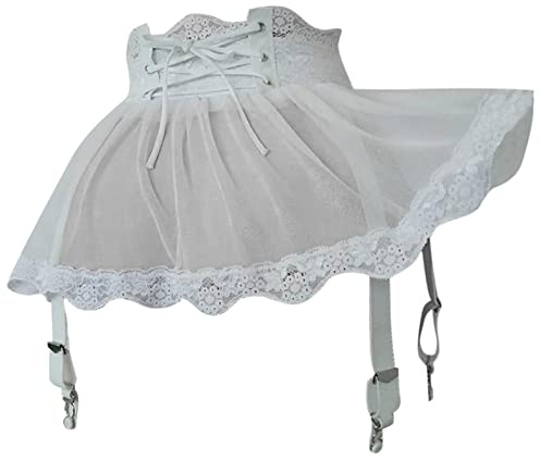 ROSVAJFY Donna Minigonna Reggicalze Sexy Vita Alta con Perizoma, Reggicalze Giarrettiera Trasparente Hot con 4 Clips per Calze, Pizzo Intimo 2 Pezzi Mini-Gonna + Mutandine (Bianco)