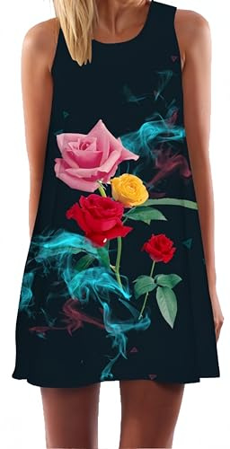 Ocean Plus Mujer Casual Top Verano Vestidos Sin Mangas Vestido de Chaleco Vestido de Fiesta Mini Vestido Vestido de Playa (L (EU 38-40), Rosas de Colores y Humo)